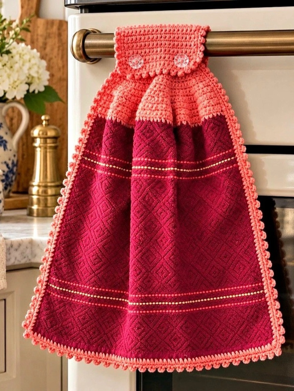 Artisan Handmade Crochet Hanging Kitchen Towel Burgundy Coral Ruffled